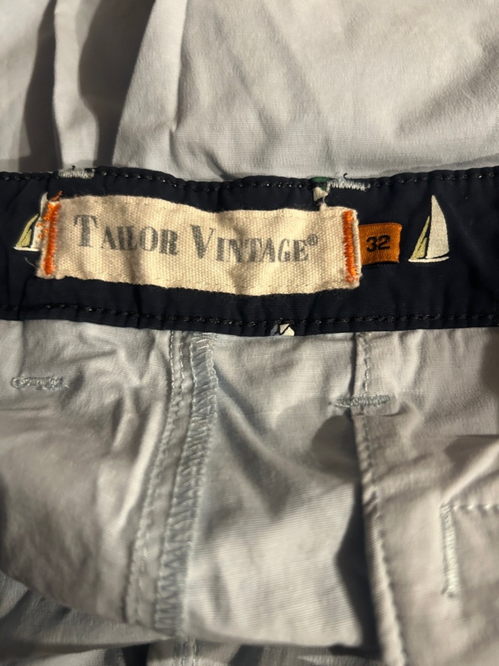 Tailor Vintage Light Blue Shorts with Navy Sailboat Waistband